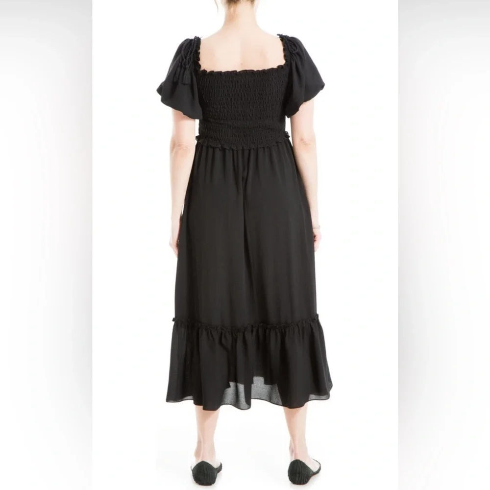 NWT MAX STUDIO Puff Sleeve Smocked Tassels Puff Sleeves Midi Dress in Black - Picture 2 of 9